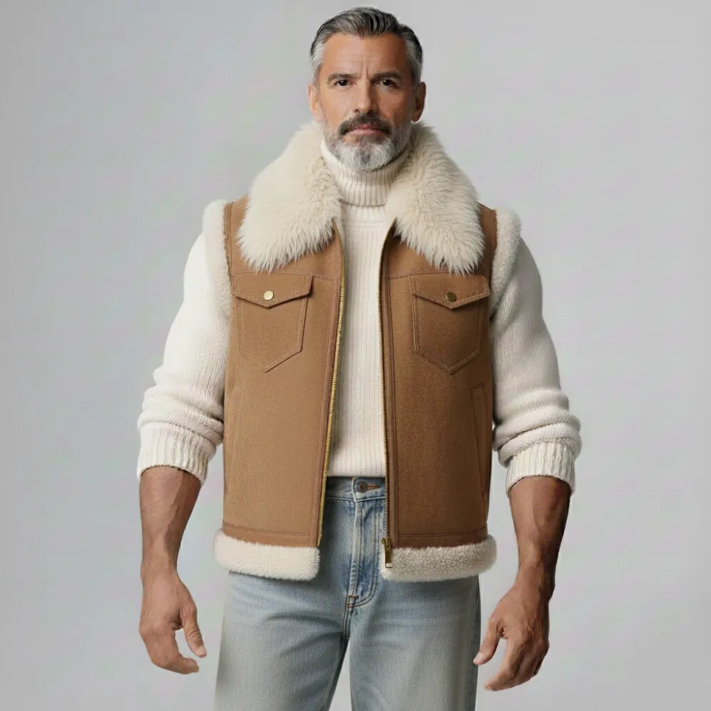 Men's Light Brown Plush Collar Chest Flap Pockets Zip Up Suede Vest