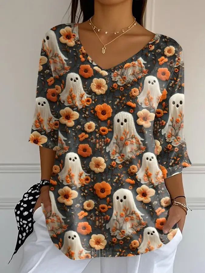 Women's Ghost Print V-Neck T-Shirt