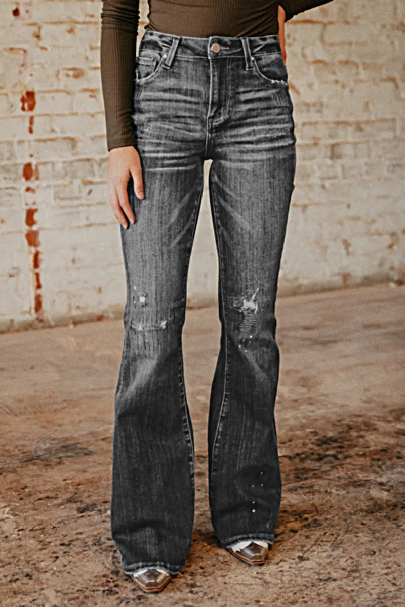 Ripped Slant Pocket Flare Jeans