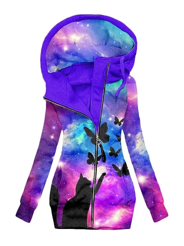 Women's Zip Hoodie Sweatshirt Sports Basic Drawstring Zip Up Front Pocket Black Pink Navy Blue Floral Geometric Butterfly Street Casual Hoodie Long Sleeve Top Micro-elastic Fall & Winter