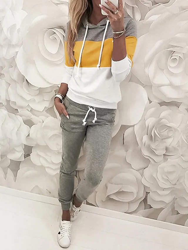 Women's Sweatshirt Tracksuit Pants Sets Color Block Black Yellow Pink Patchwork Drawstring Long Sleeve Casual Daily Vintage Streetwear Basic Hooded Regular Fit Fall & Winter