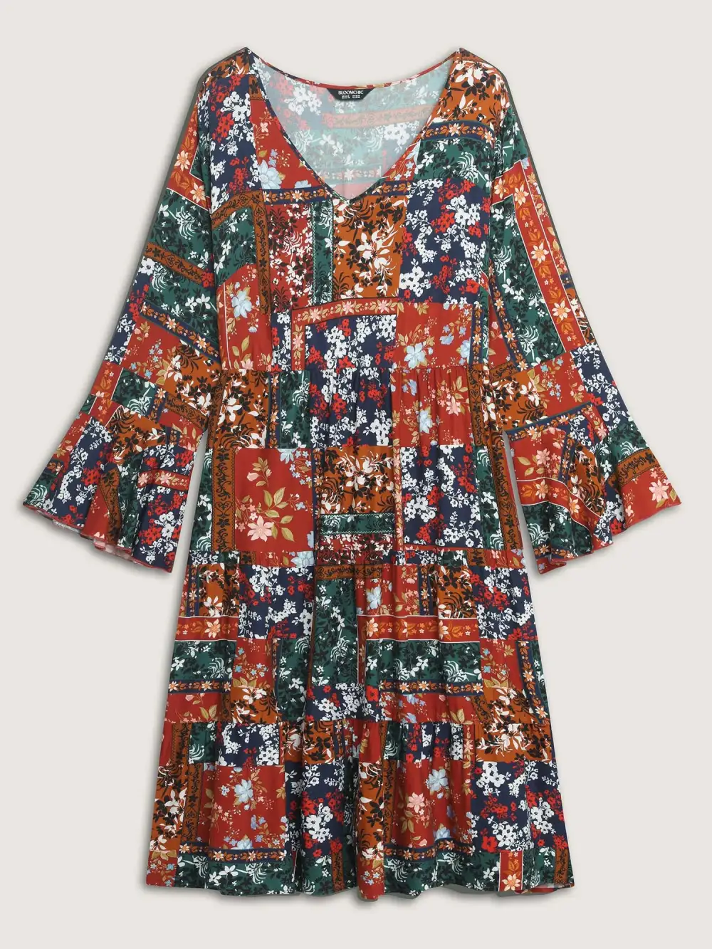 Floral Collage Print Deep V-Neck Midi Dress