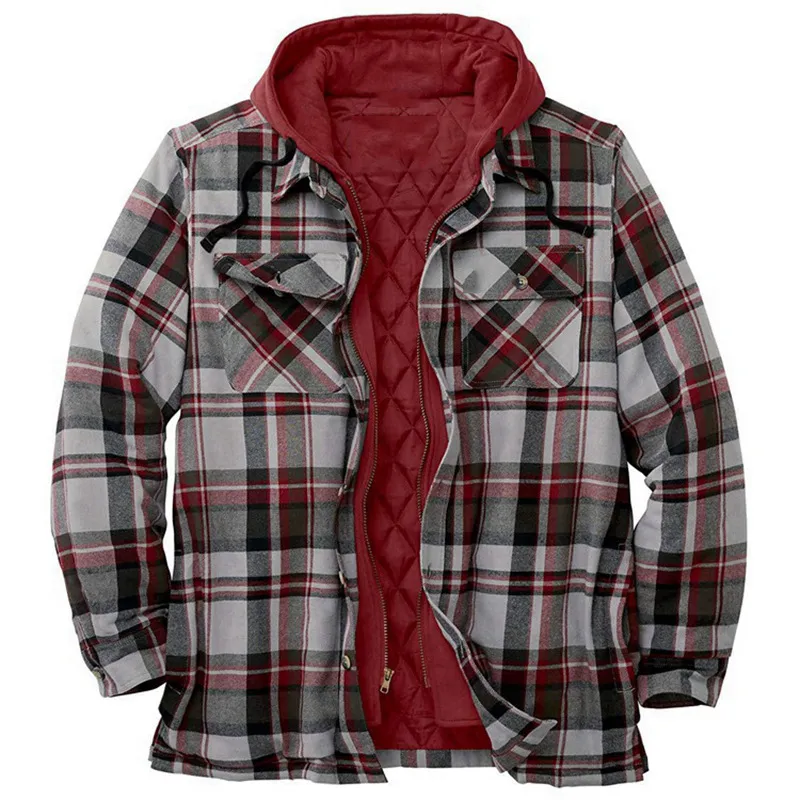 Mens Winter Plaid Thick Casual Hoodie Jacket