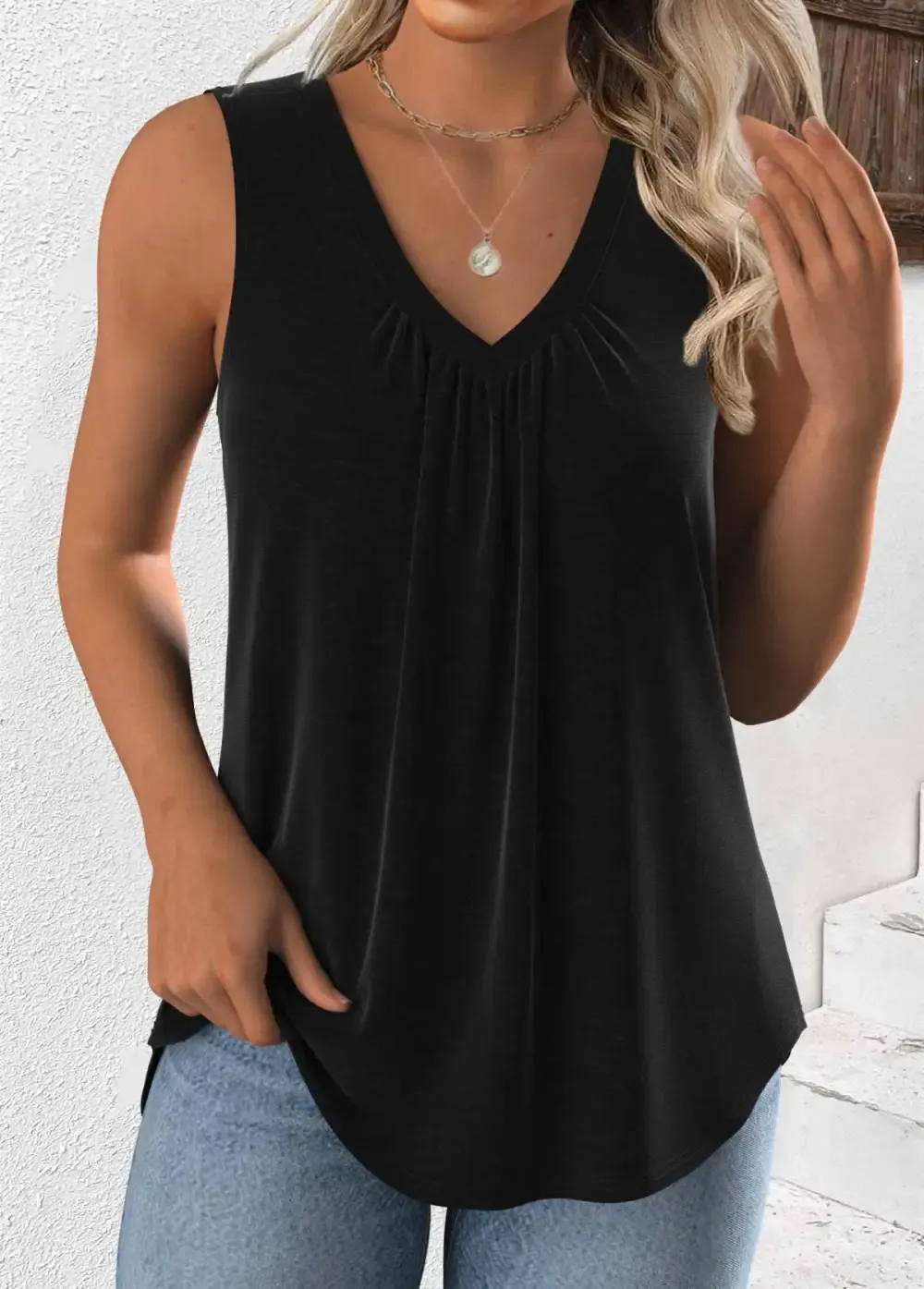 Black Sleeveless V Neck Tank Top