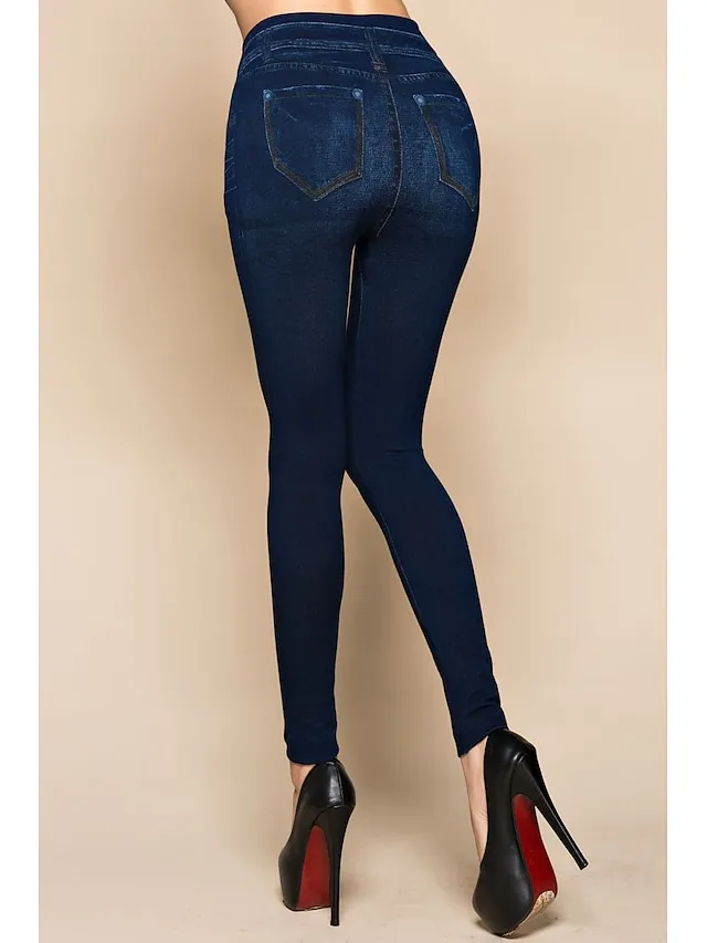 Women's Jeans Skinny Pants Trousers Ankle-Length Faux Denim Stretchy Mid Waist Classic Casual Weekend Blue One-Size Spring &  Fall