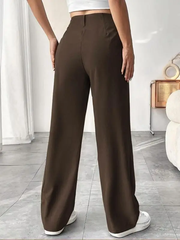 Women's Solid Wide Leg Pants: Pleated Pocket, Zipper Fly (Work/Office, Spring/Fall)