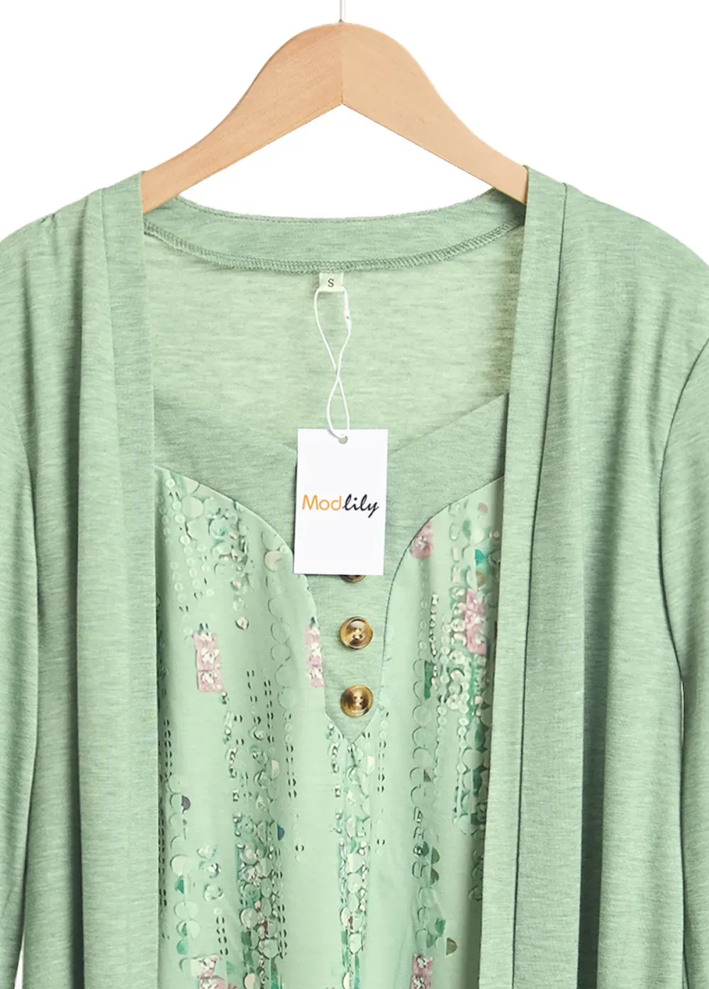 Light Green Button Geometric Print Fake Two Piece Twinset