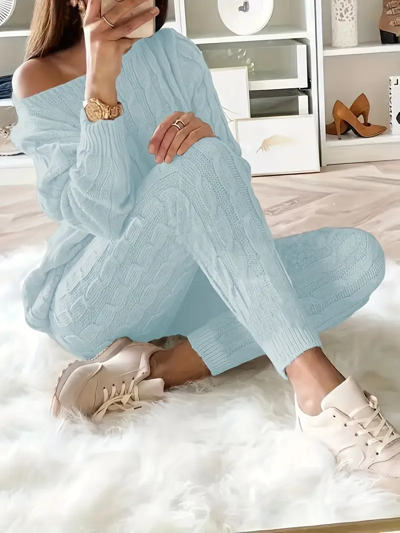 Solid Knitted Matching Two-piece Set, Casual Long Sleeve Sweater & Pants Outfits, Women's Clothing