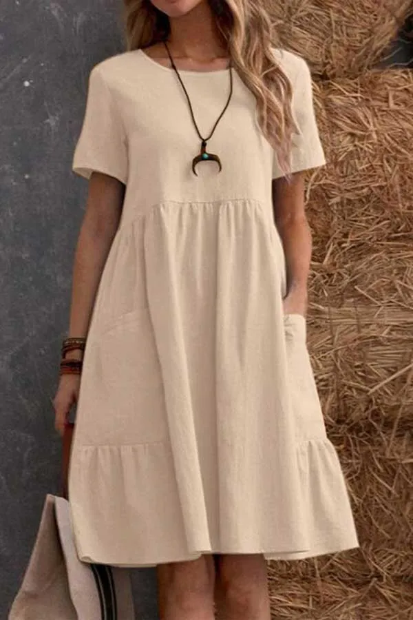 Solid Pocket Design Short Sleeve Linen Dress
