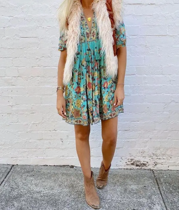 Boho Print 3/4 Sleeve Tassel Mini Dress