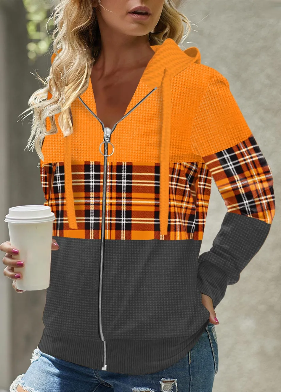 Red Patchwork Plaid Long Sleeve Hoodie