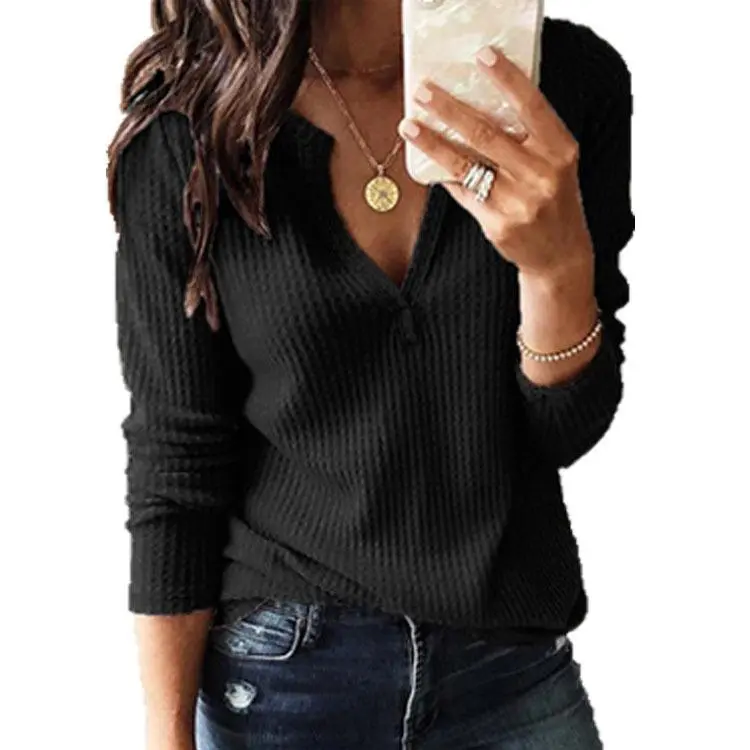 Autumn V-neck Long Sleeve Solid Splice Sweater