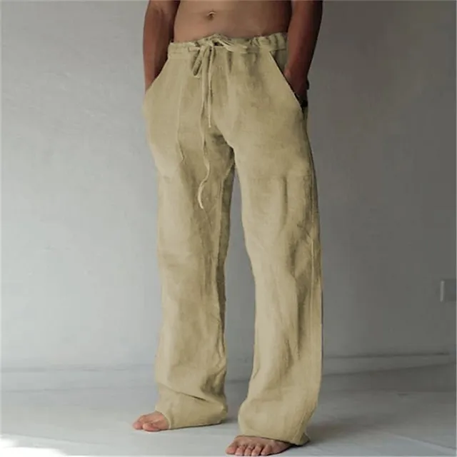 Men's Linen Pants Trousers Summer Pants Baggy Beach Pants Drawstring Front Pocket Straight Leg Plain Comfort Soft Full Length Yoga Holiday Beach Fashion Hawaiian Black White