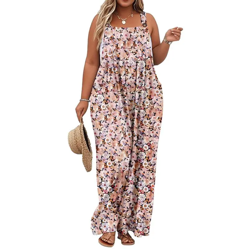 Plus Size Wide-Leg Jumpsuit with Pockets – Adjustable & Casual Fit for Summer