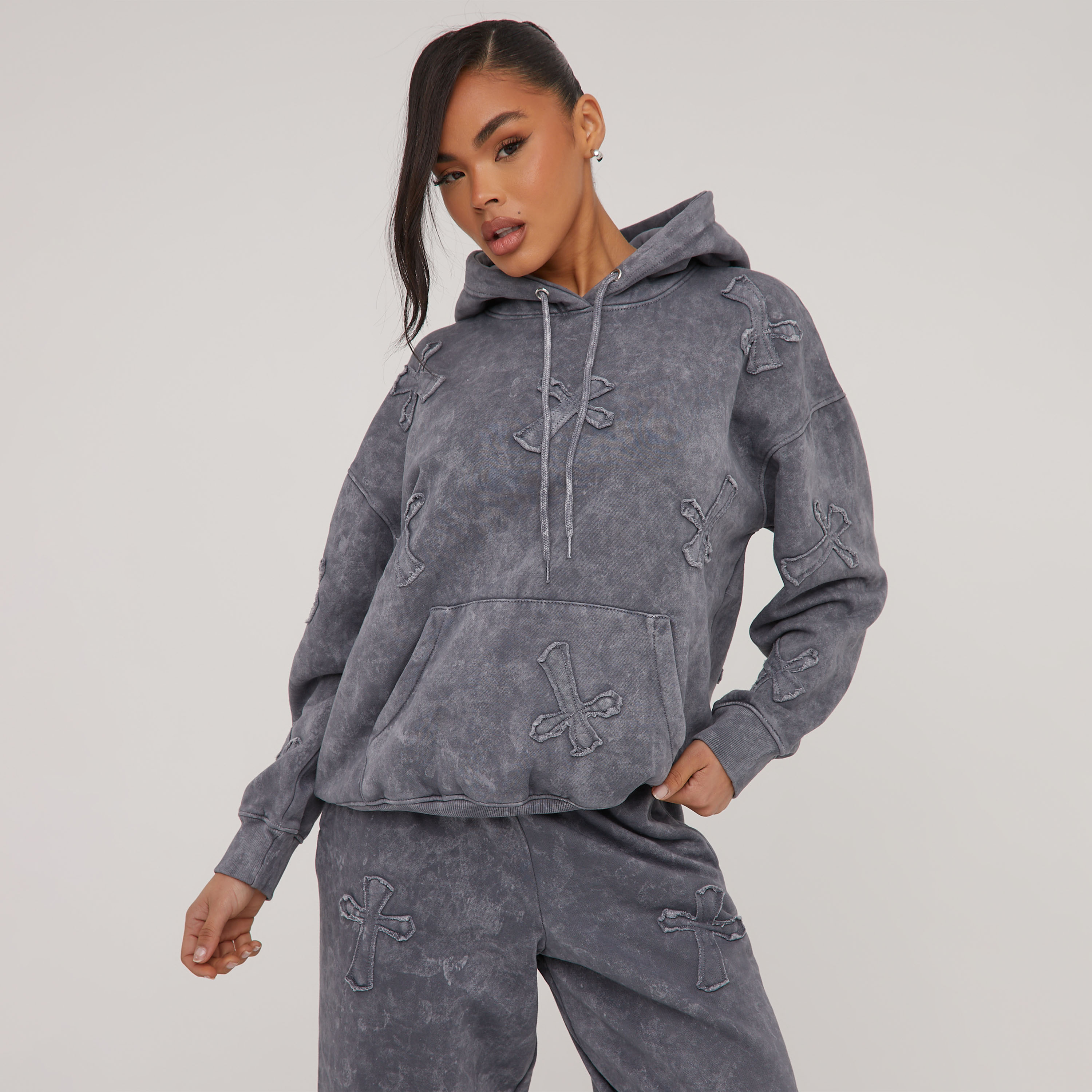 Cross Patch Detail Oversized Hoodie In Acid Wash Grey