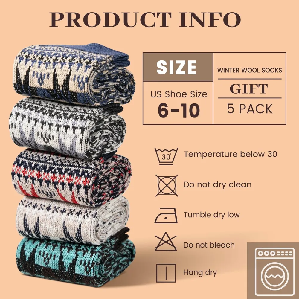 Clothirily Wool Socks- Thick Soft Wool Socks for Women, Vintage Warm Womens Wool Socks, Winter Warm Boot Socks for Women Men