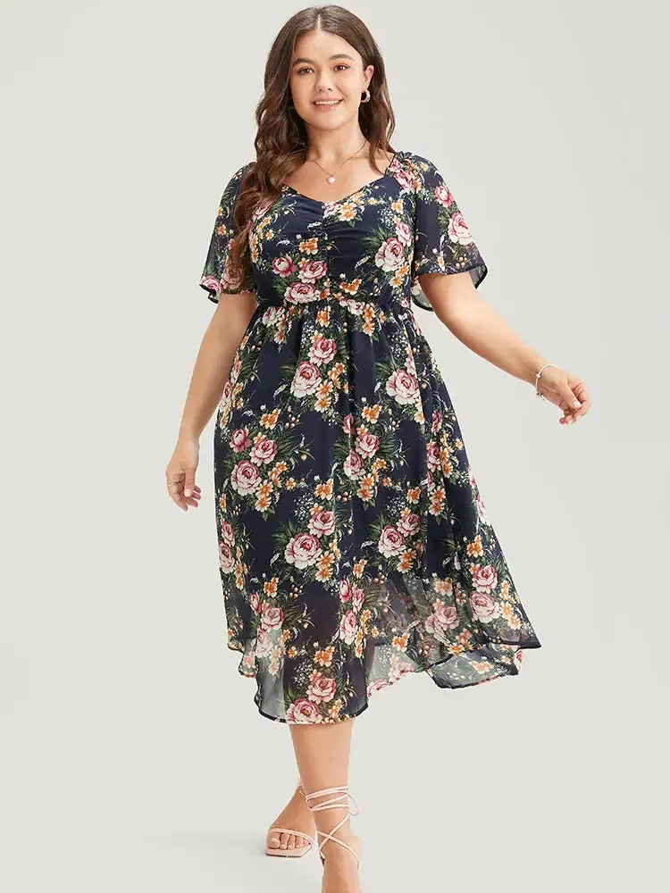Floral Print Ruched Pocket Frill Trim Ruffle Arc Hem Dress