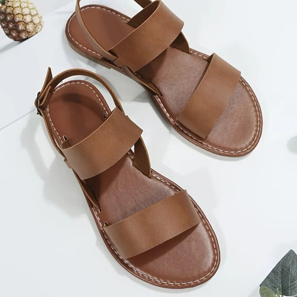 Women's Flat Ankle Strap Sandals, Solid Color Open Toe Non-slip Shoes, Casual Lightweight Beach Shoes