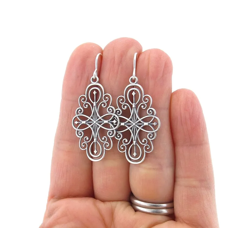 Long Silver Earrings Silver Filigree Earrings Compass Rose Jewelry Gift for Her Girlfriend Gift Sterling Silver Jewelry - Compass Rose