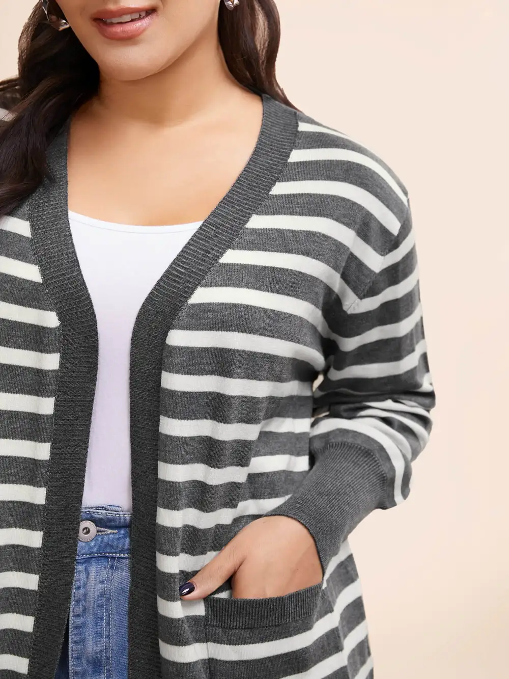 Striped Lantern Sleeve Patched Pocket Cardigan