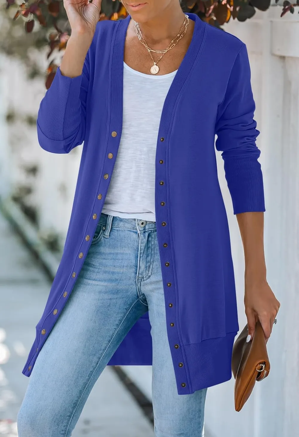Women's 2024 Fall Long Sleeve Snap Button Down Solid Color Knit Ribbed Neckline Cardigans