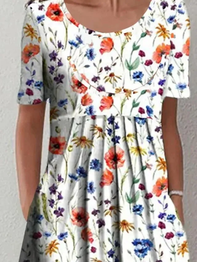 Women's Casual Dress Floral Dress Midi Dress White Short Sleeve Floral Ruched Spring Summer Crew Neck Basic Daily Vacation Weekend 2023 S M L XL XXL 3XL