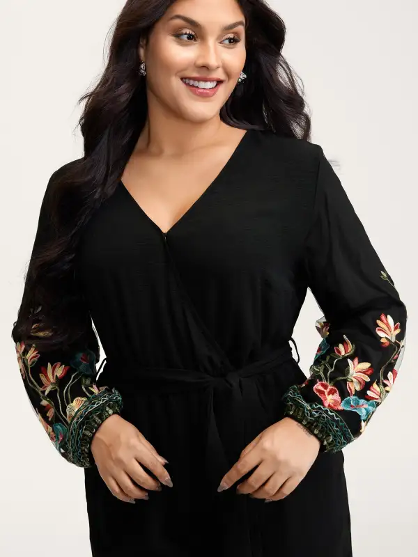 Floral Embroidery Waist-Tie Jumpsuit