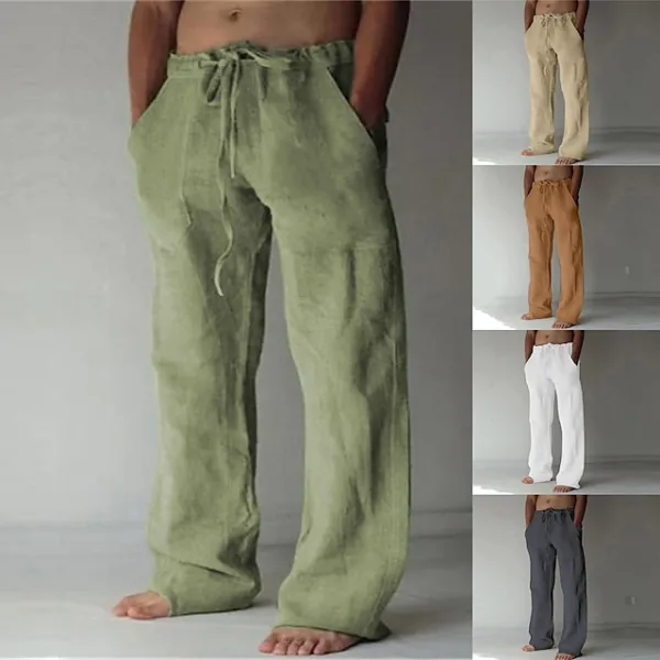 Men's Linen Pants Trousers Summer Pants Baggy Beach Pants Drawstring Front Pocket Straight Leg Plain Comfort Soft Full Length Yoga Holiday Beach Fashion Hawaiian Black White