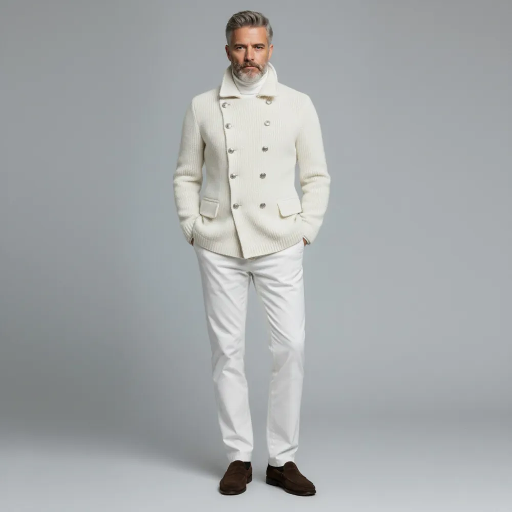 Men's White Ribbed Knit Double Breasted Turndown Collar Long Sleeve Sweater Cardigan