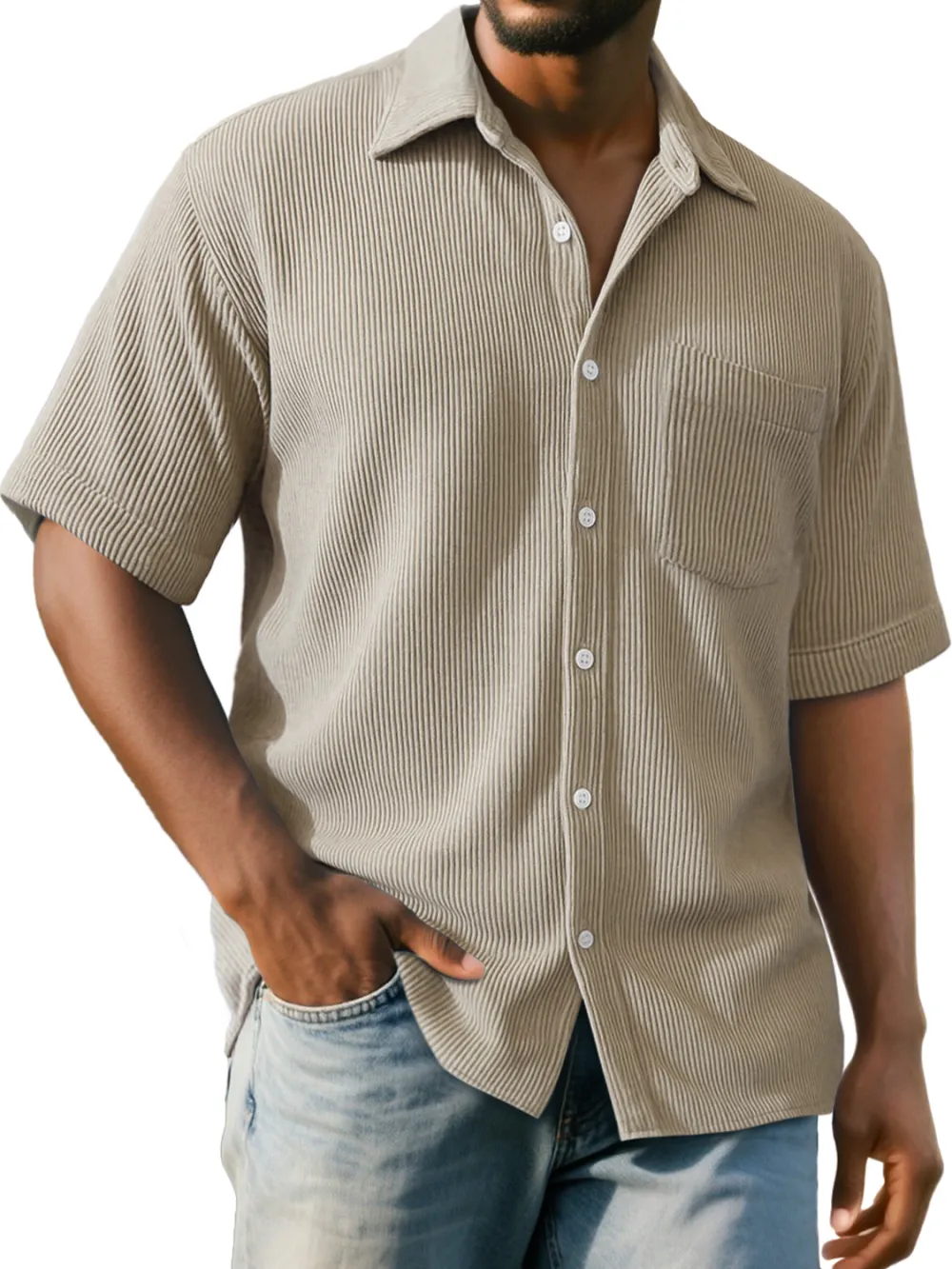 Men's Daily Ribbed Pocket Casual Comfort Solid Color Short Sleeve Shirt