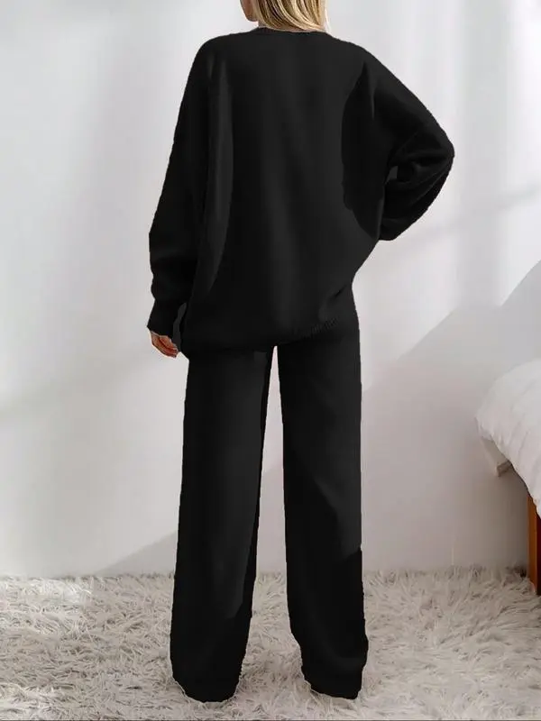 Women's V-Neck Button Cardigan & Wide-Leg Pants Set