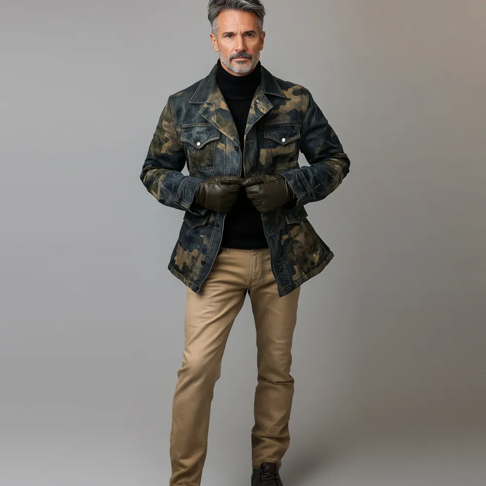 Men's Casual Camouflage Pattern Pockets Denim Safari Jacket