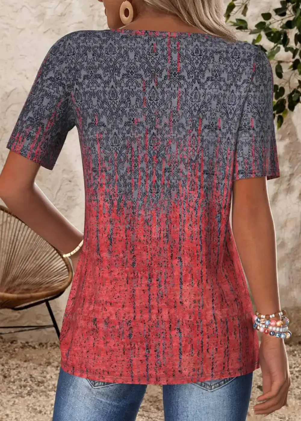 Deep Red Tuck Stitch Ombre Short Sleeve T Shirt