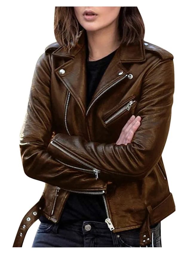 Women's Faux Leather Jacket Fall Moto Biker Coat Waterproof Street Wear with Pocket Zipper Turndown Casual Outerwear Long Sleeve Winter Windproof Black Blue Wine M L XL