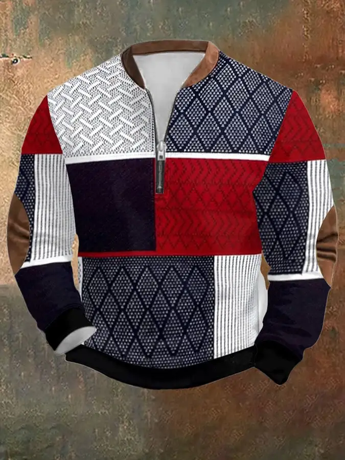 Men's Retro Western Textured Print Zip Collar Sweatshirt