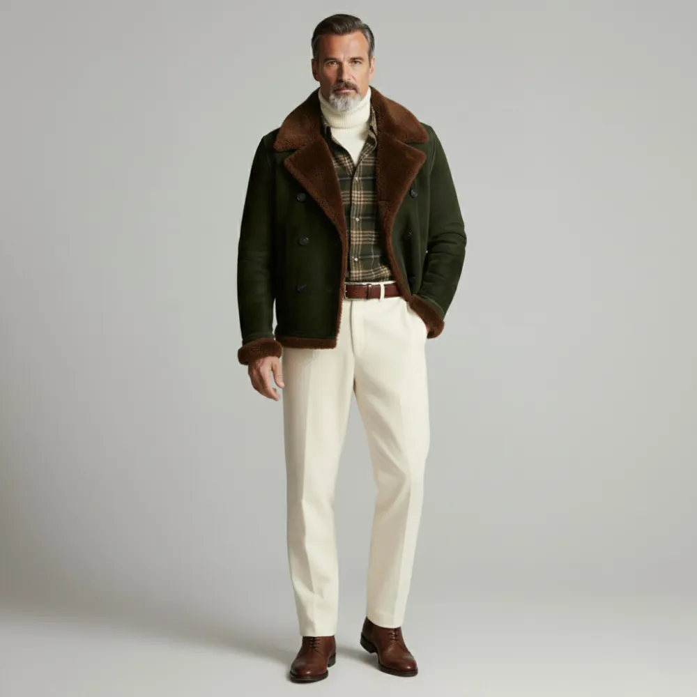 Men's Dark Green Plush Lapel Long Sleeve Double Breasted Suede Coat