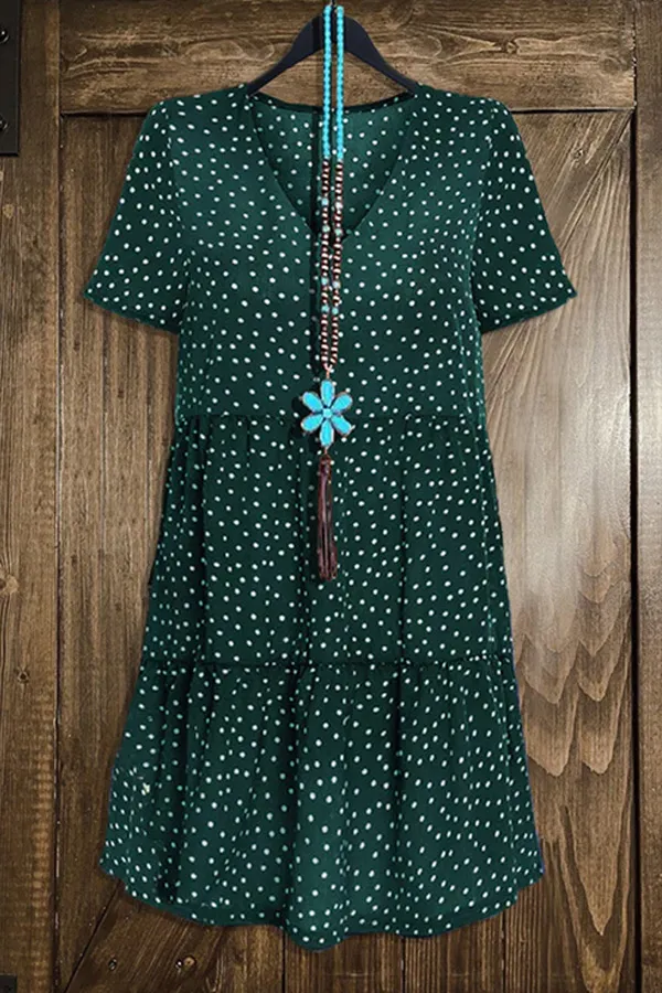 Casual Polka Dot Print V-Neck Ruffled Dress