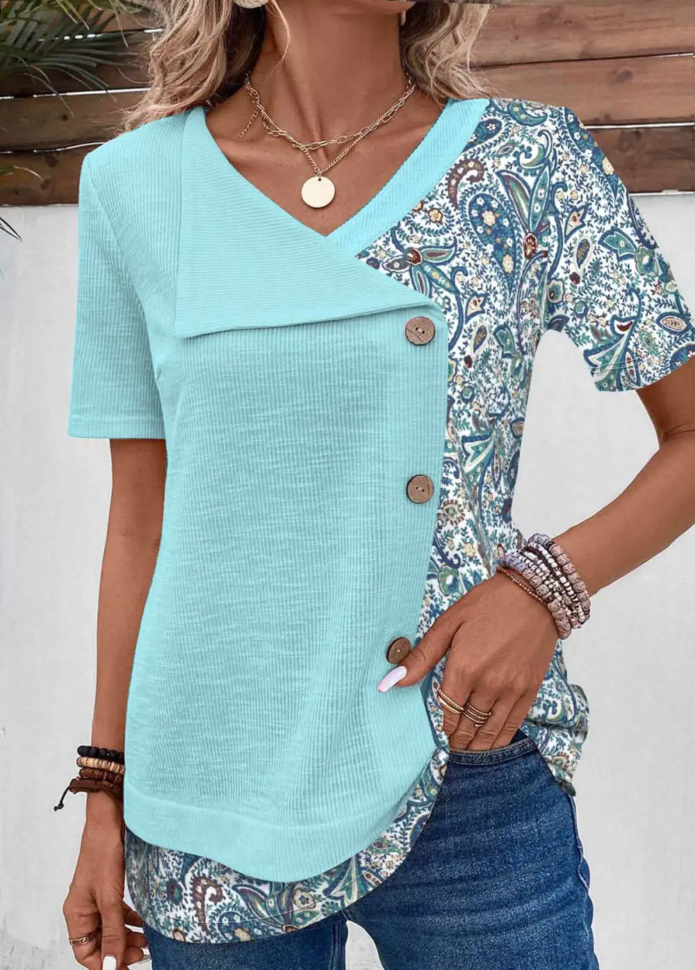 Patchwork Floral Print V Neck T Shirt