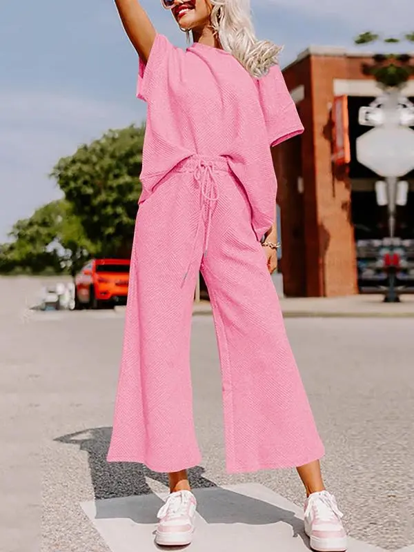 Women's 2-Piece Knit Loungewear Set – Short Sleeve Top & Cropped Wide Leg Pants