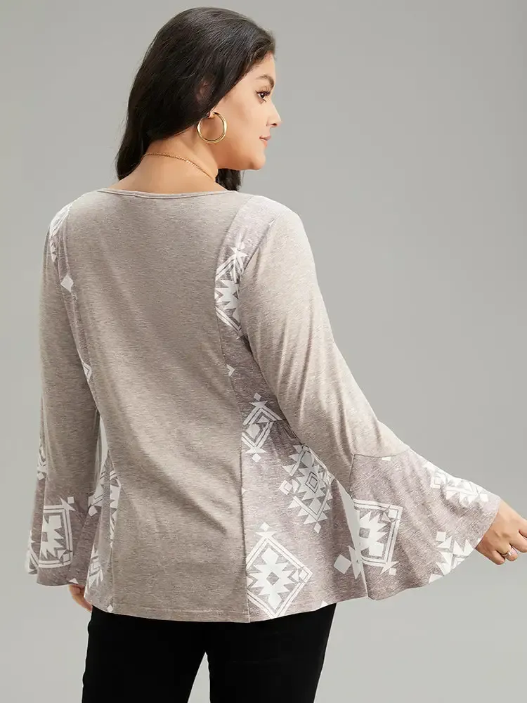Floral Print Bell Sleeve V Neck T-Shirt