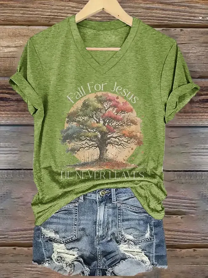 Women's Fall For Jesus He Never Leaves  Print Casual V-Neck T-Shirt