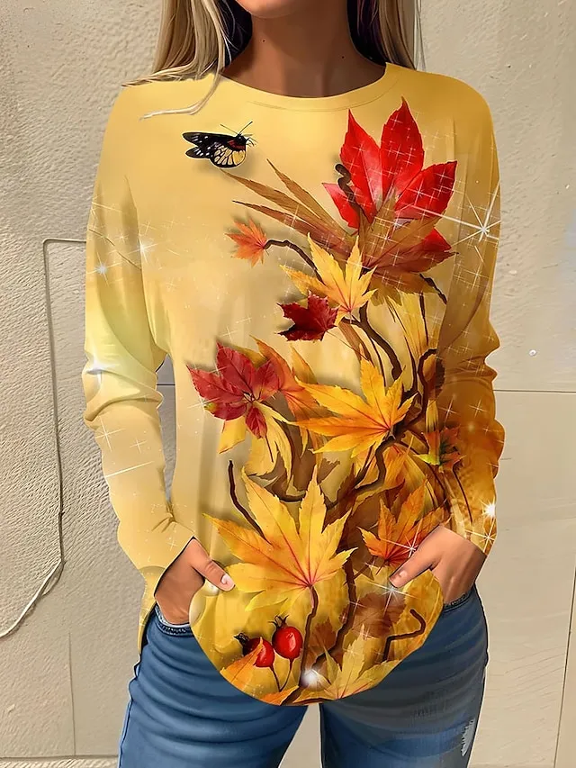 Women's T shirt Tee Floral Print Holiday Weekend Basic Long Sleeve Round Neck White Fall & Winter
