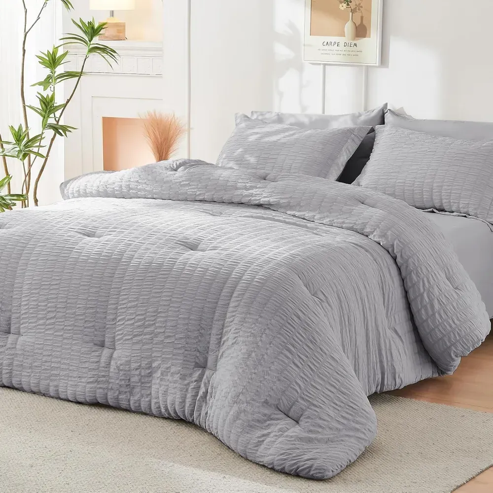 Queen Comforter Set Seersucker 7 Pieces, All Season Luxury Bed in a Bag for Bedroom, Bedding Set with Comforters, Sheets, Pillowcases & Shams, Dark Grey
