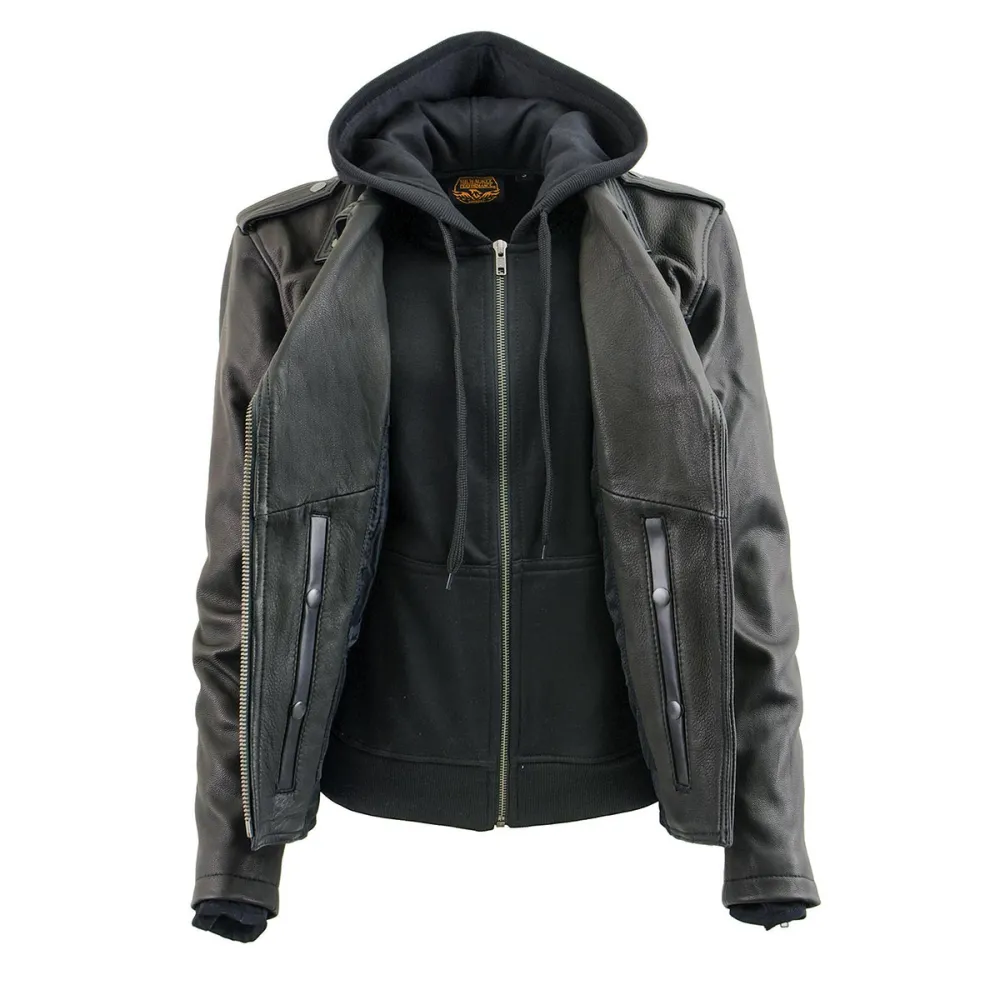 Leather MLL2575 Women's Black Leather Vented Motorcycle Jacket w/ Removable Hoodie