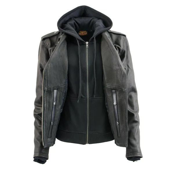 Leather MLL2575 Women's Black Leather Vented Motorcycle Jacket w/ Removable Hoodie
