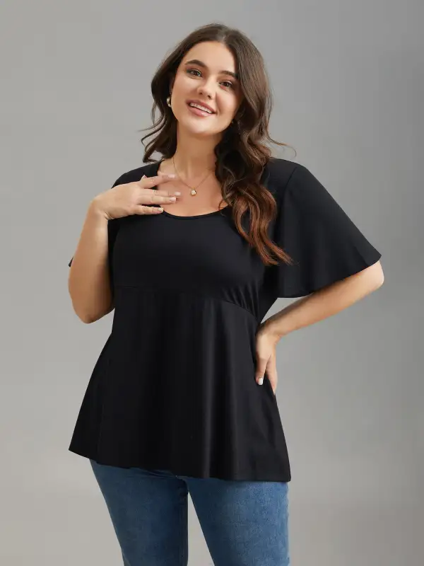 Ruffled Sleeve Round Neck Babydoll Top