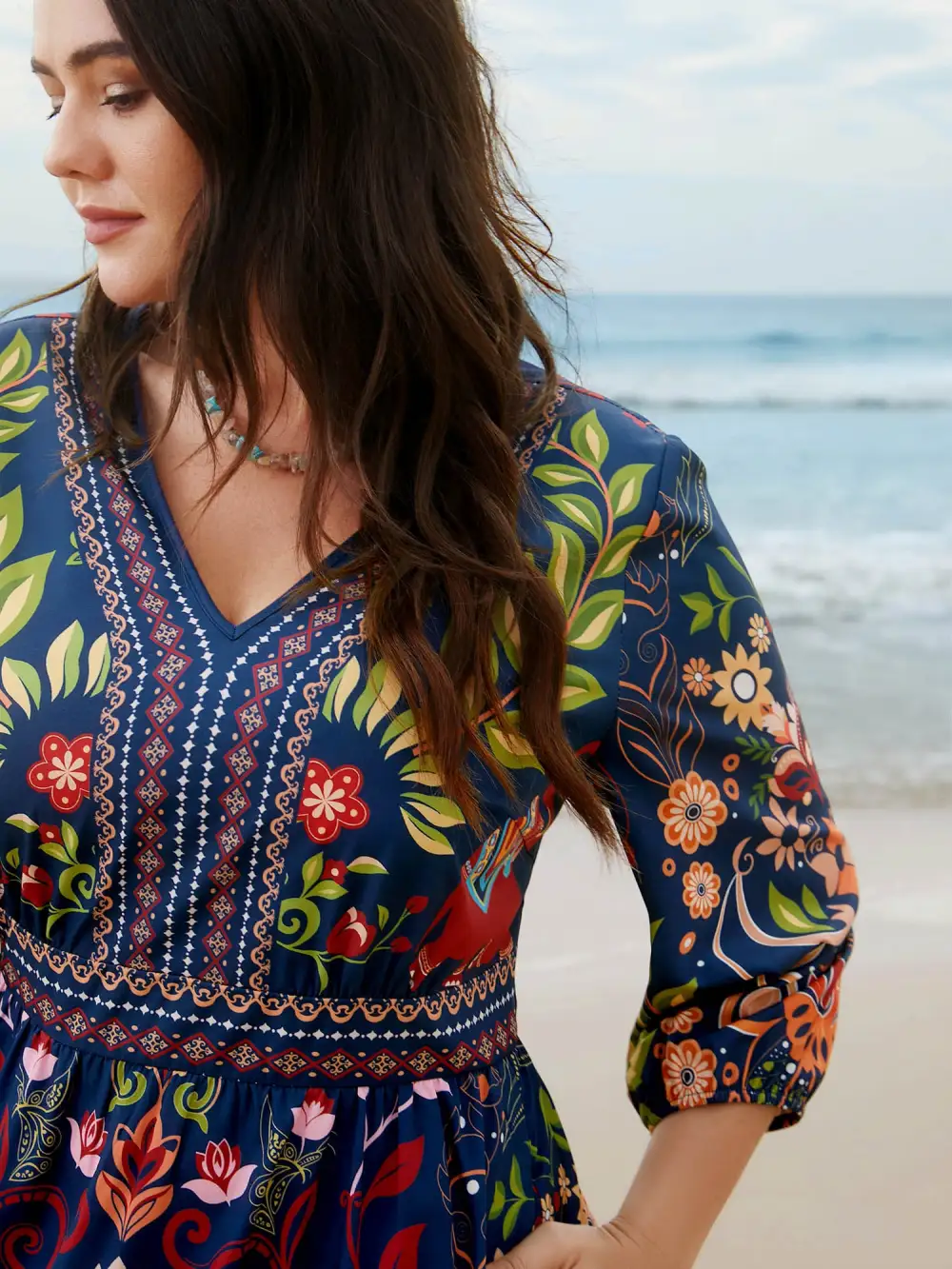 Boho Print V-Neck Pockets Midi Dress