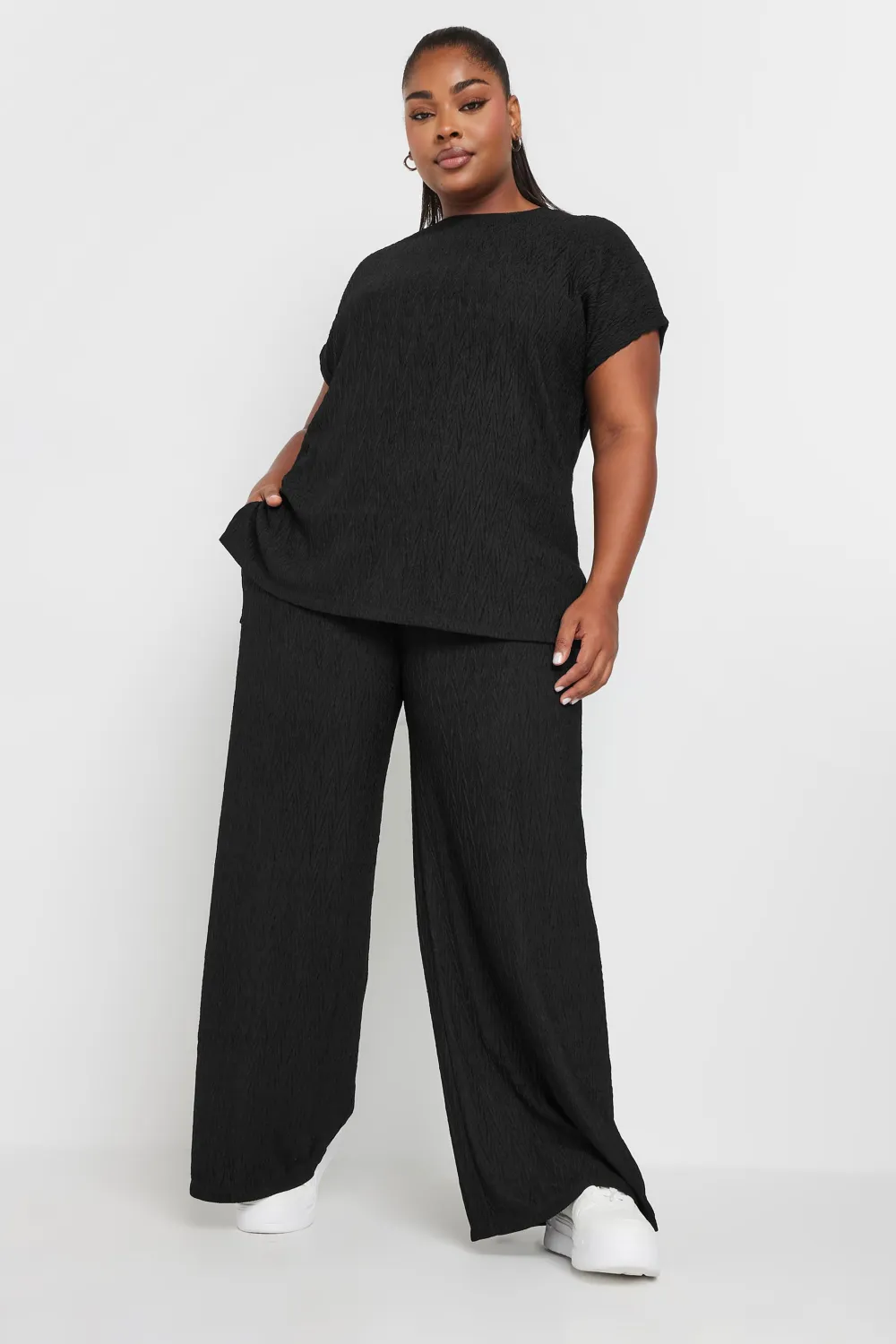 YOURS Curve Pink Crinkle Plisse Wide Leg Trousers