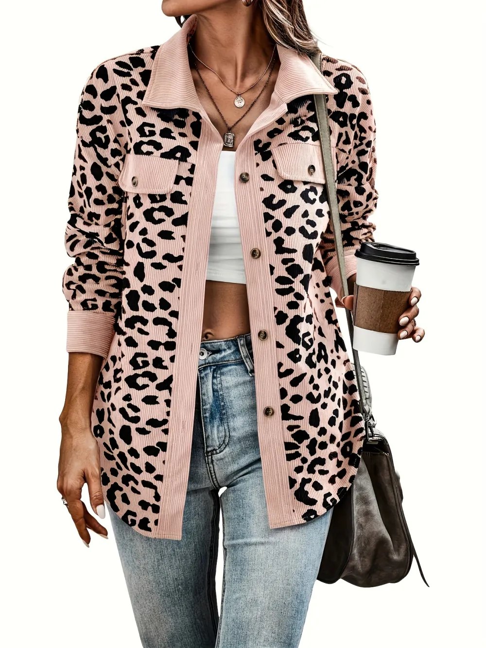Wild Leopard Print Shacket Jacket - Soft, Casual, Button-Front, Turn-Down Collar, Long Sleeve, Outerwear for Women - Perfect for Daily Wear, Outdoor Activities, and Layering