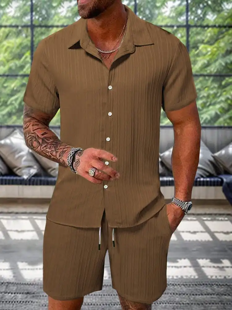 Comfortable and Breathable Leisure Textured Shirt Set